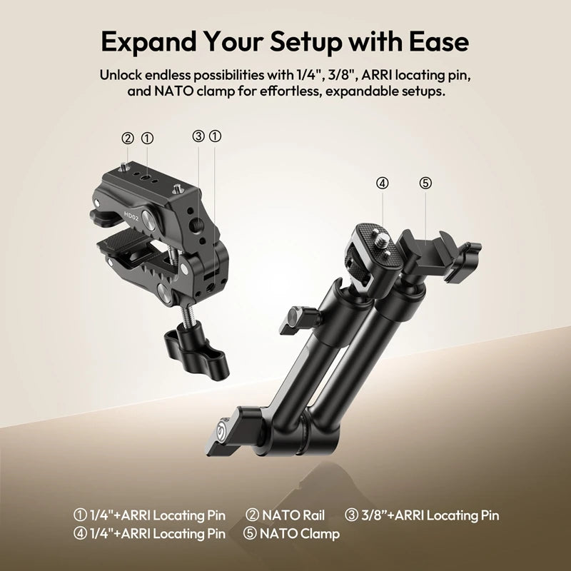 Ulanzi HD02 Quick Release Clamp Bracket Magic Arm Super Clamp with 360° Mini Ball Head 1/4 Screw Clip for SLR Camera Gopro Phone
