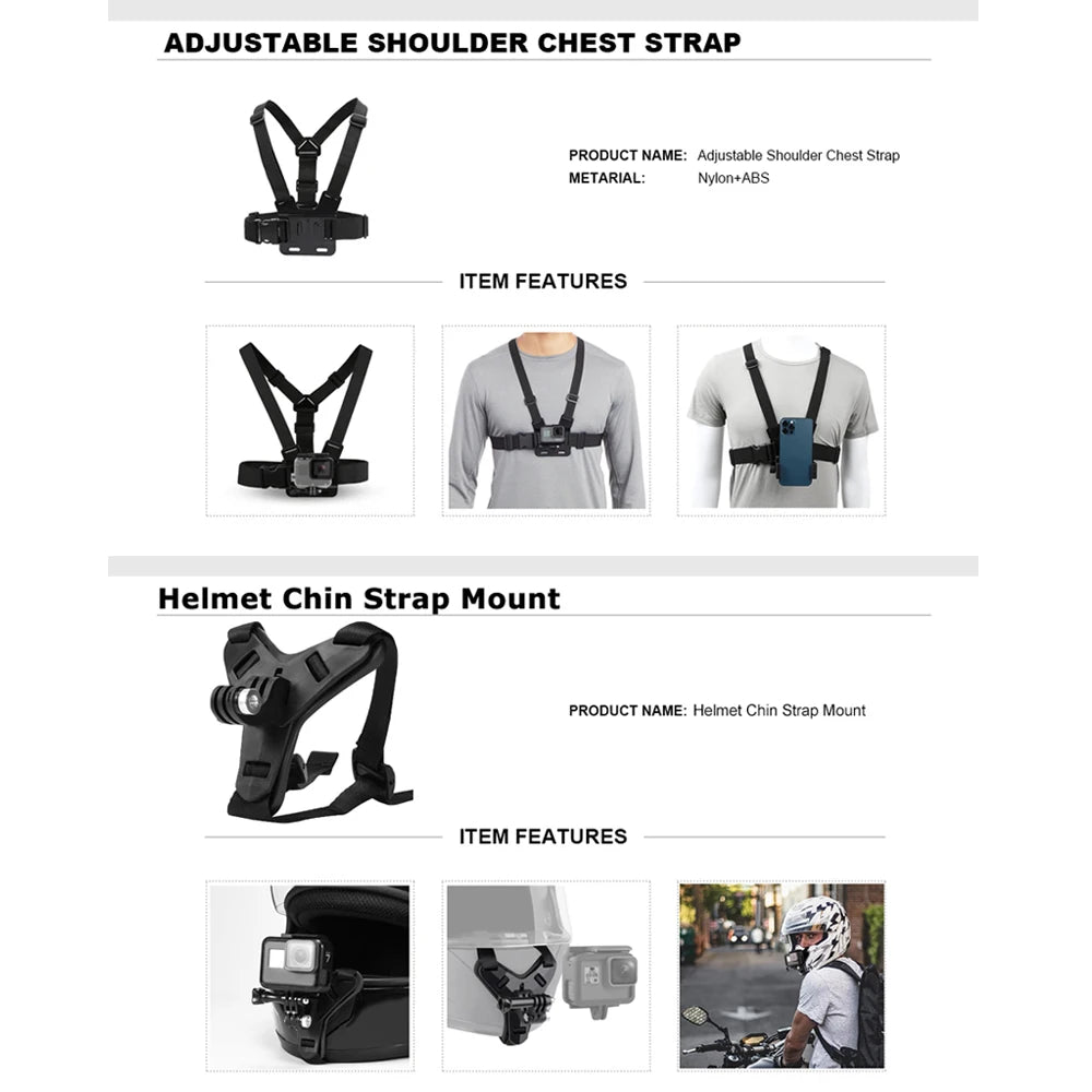 Accessories Kit Motorcycle Chest & Helmet Chin Strap for GoPro Hero 13 12 11 10 9 8 Insta360 SJCAM DJI Osmo Action Camera Phone