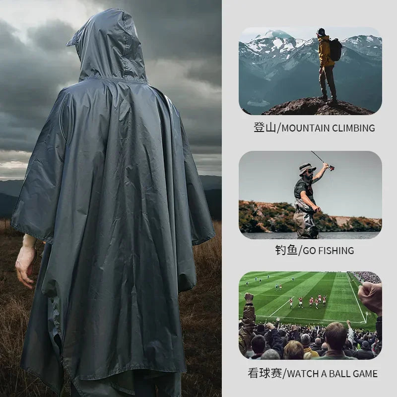 3-in-1 Outdoor Military Raincoat with Hood Waterproof Sleeve Rain Poncho Motorcycle Cover Camping Hiking Travel Rainwear Tent