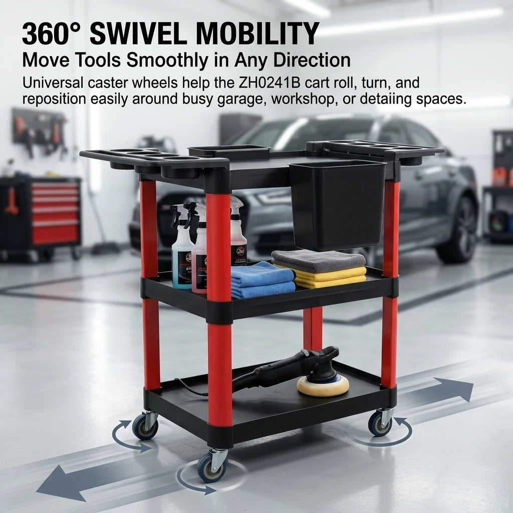 3 Tier Rolling Tool Storage Cart Multi Purpose Mobile Utility Organizer Trolley with Side Bottle Holders Detachable Bucket 360° Swivel Wheels for Car Detailing Garage Workshop Salon Use