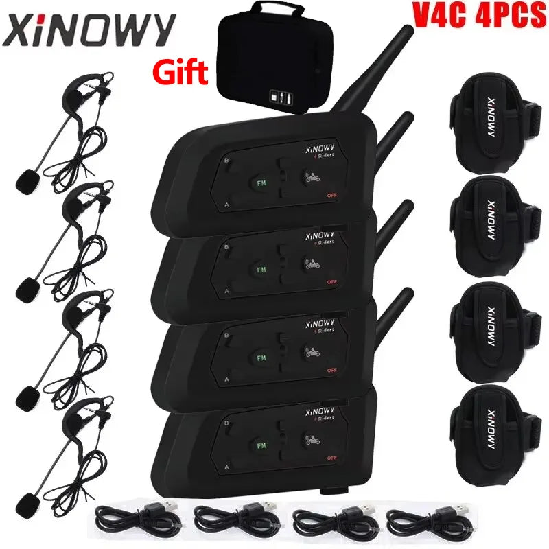 XiNOWy 4PCS V4C Referee Headset Bluetooth Intercom Full Duplex 1200M Football Soccer Earhook Earphone Interphone with Handbag