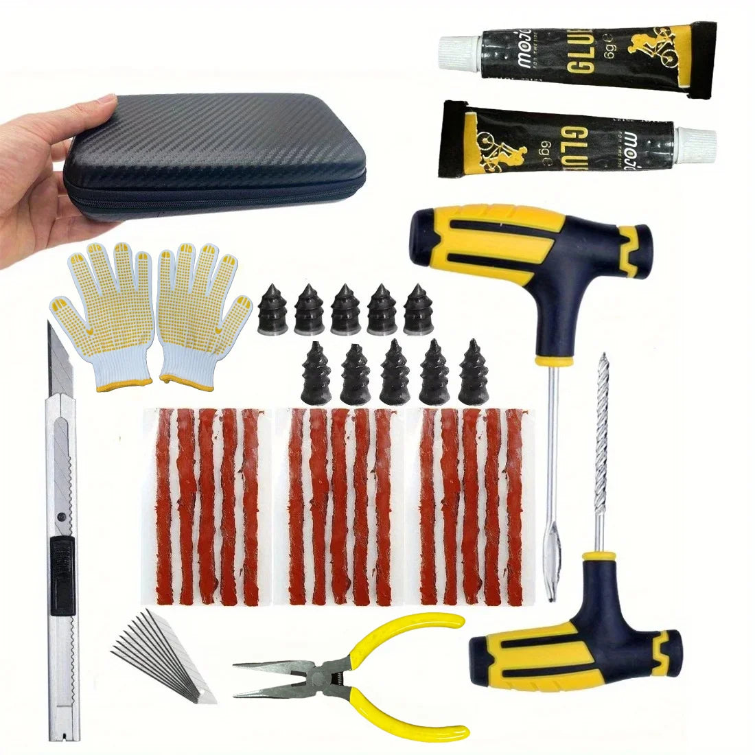 Portable Car Tire Puncture Repair Kit T-Handle Tools Glue Strips Universal for Truck Motorcycle RV Roadside Safety