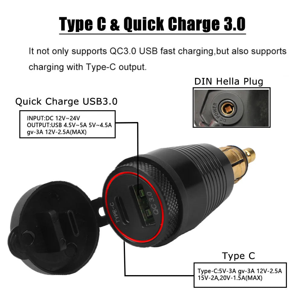 Motorcycle Quick Charger USB Type-C QC 3.0 Power Adapter Socket Plug For BMW R1100RT R1250GS Adventure R1200GS GS1200 ADV LC