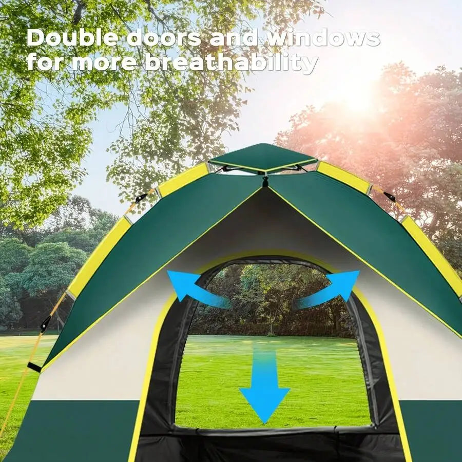 Automatic Instant Setup Camping Tent, 1-3/3-4 Person All-Season Tent With Dual Doors & Mesh Windows, Windproof Lightweight Green
