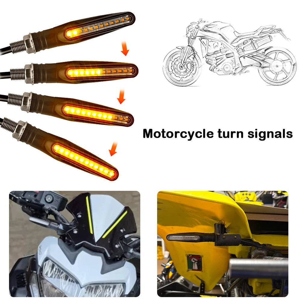 2/4pcs Motorcycle Flashing Lights Turn Sequential Signals LED Blinker Flowing Water Bendable Tail Stop Indicators Turn Signal