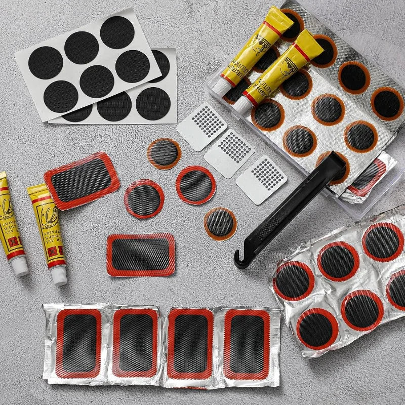 Bike Tire Repair Kit with Vulcanizing Patches, Pre Glued Patches Vulcanizing Fluid, Metal Rasp for Cycling Motorcycle Bicycle