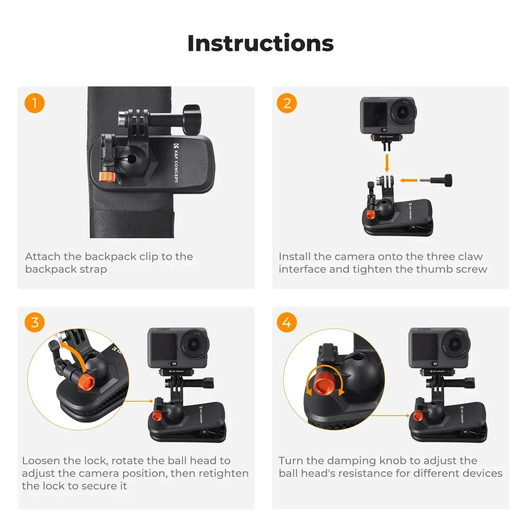 K&F CONCEPT Magnetic Backpack Clip Mount for DJI Osmo Action 5 Pro 4 3 All GoPro Hero Insta360 X5/4/3 180° Swivel Quick Release