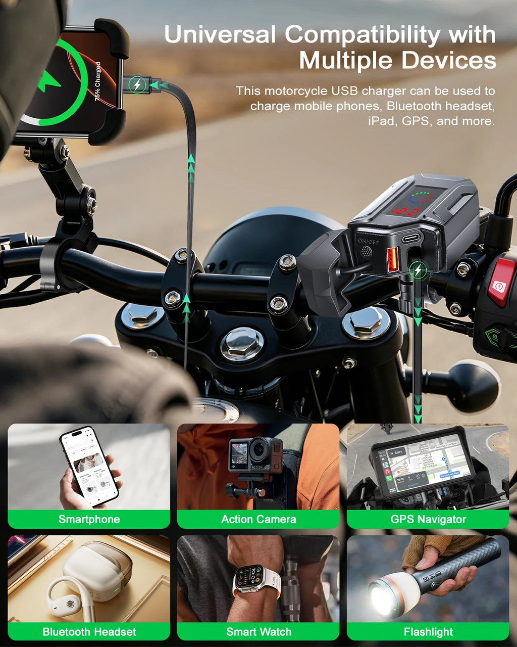 USB Type-C PD Fast Charger Waterproof Motorcycle Phone Charger Handlebar Mount Quick Charger Adapter with Voltmeter