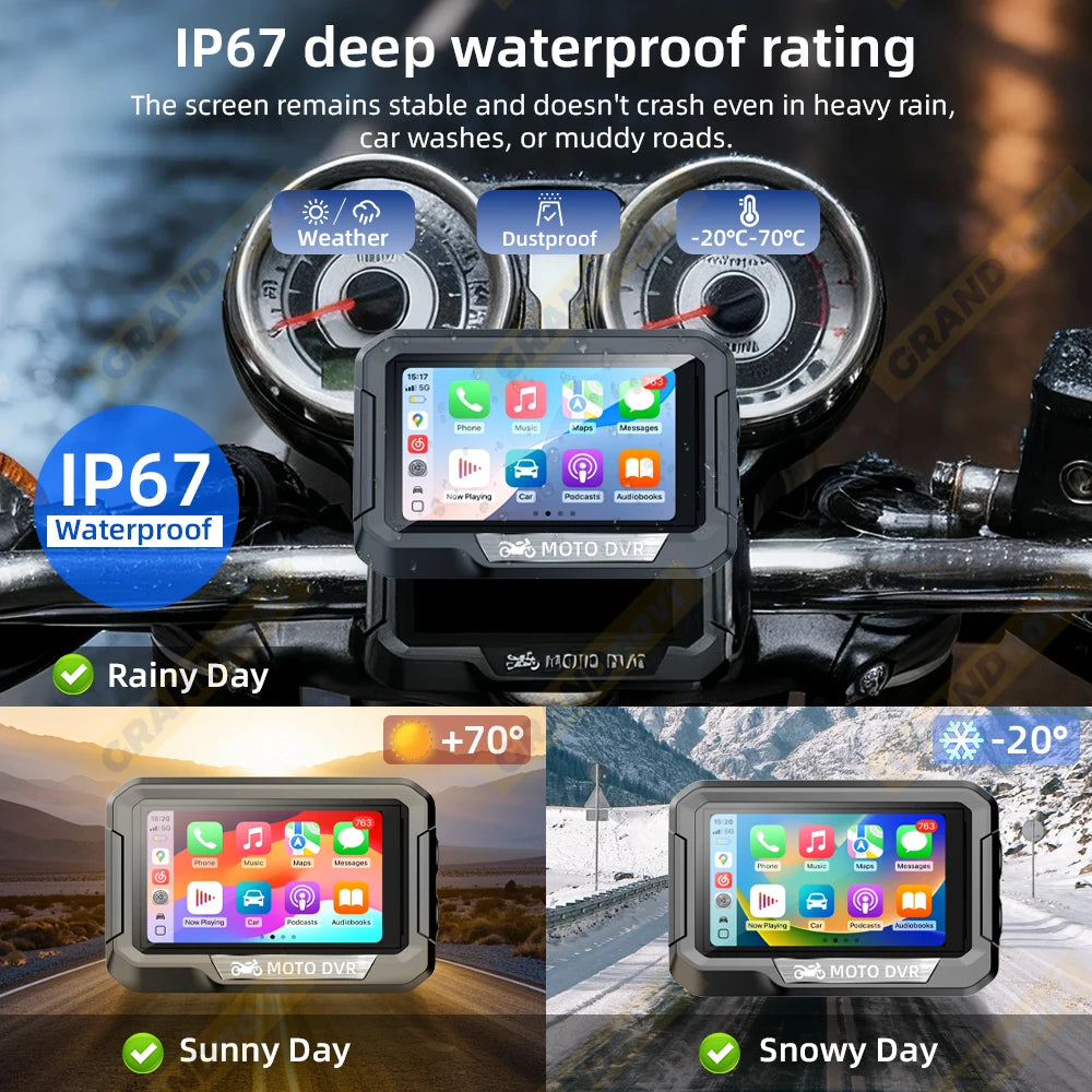 Portable 3.4 inch Motorcycle GPS Navigation Wireless Carplay Android Auto DVR Drive Recorder Moto Monitor WIFI IP67 Waterproof