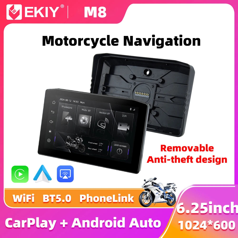 EKIY 6.25" Wireless CarPlay Moto Android Auto Portable Digital Dashboard Anti Theft Removable Screen GPS Motorcycle Navigation