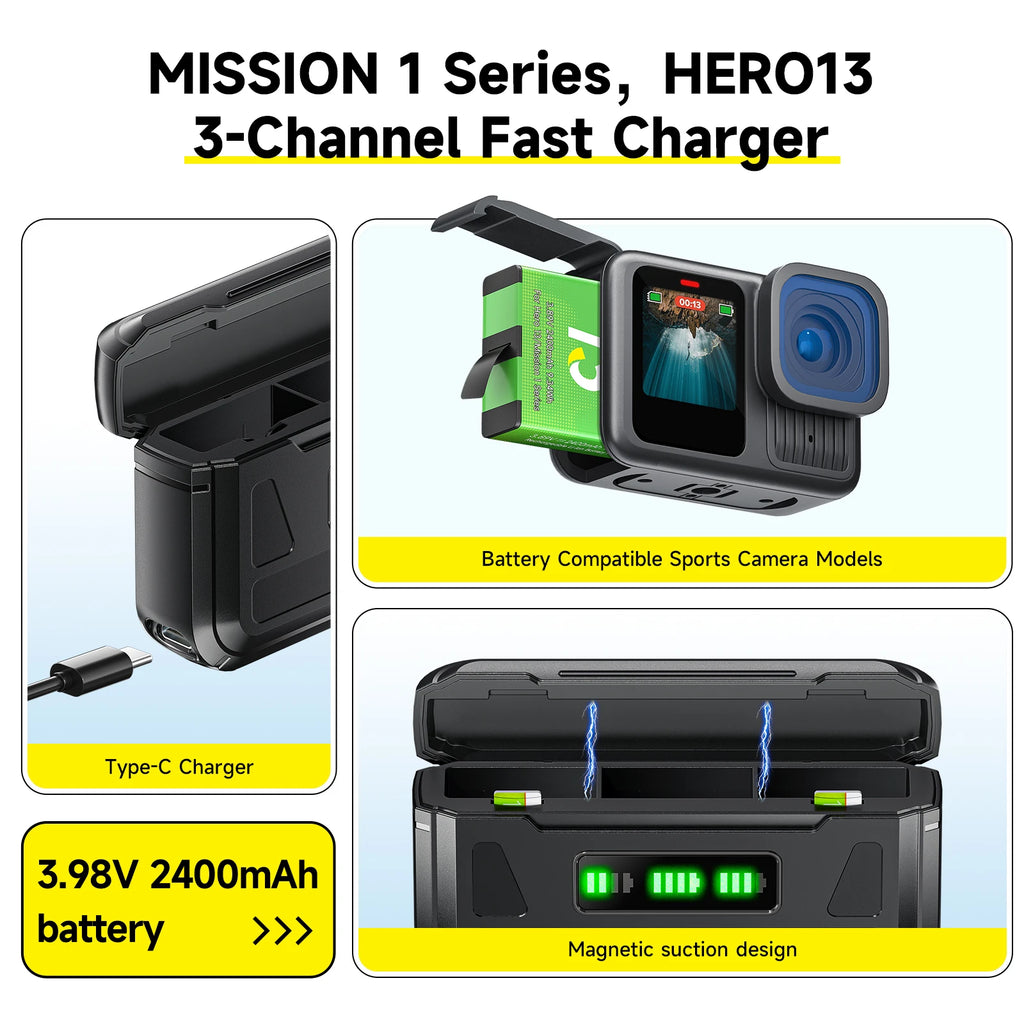 PALO 2400mAh For GoPro Hero 13 Camera Battery + 3 Slots Storage Box Charger For GoPro Mission 1 Series Sport Camera Accessories