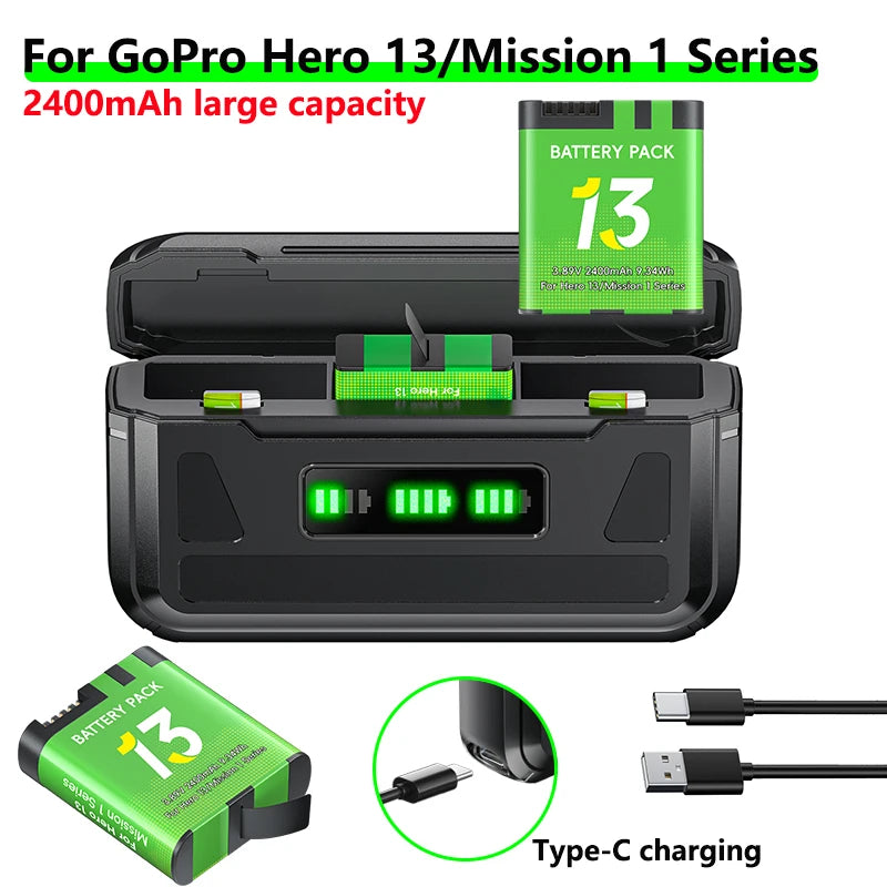 PALO 2400mAh For GoPro Hero 13 Camera Battery + 3 Slots Storage Box Charger For GoPro Mission 1 Series Sport Camera Accessories