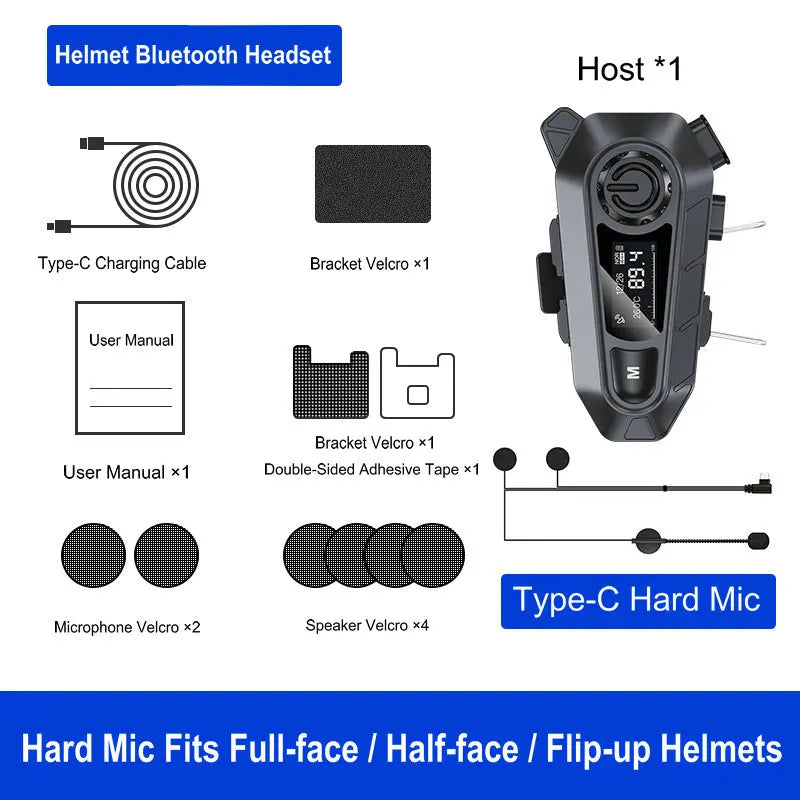 A1 Bluetooth 5.3 Motorcycle Helmet Headset With FM Radio Wireless Handfree Call Waterproof Moto Headphone LED Display For Rider