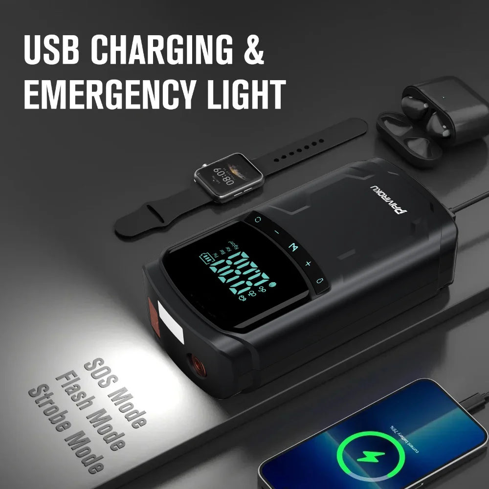 Car Jump Starter with Air Compressor Peak 5000A Auto Battery Booster 150PSI Air Pump Portable Power Bank Tire Inflator Lighting