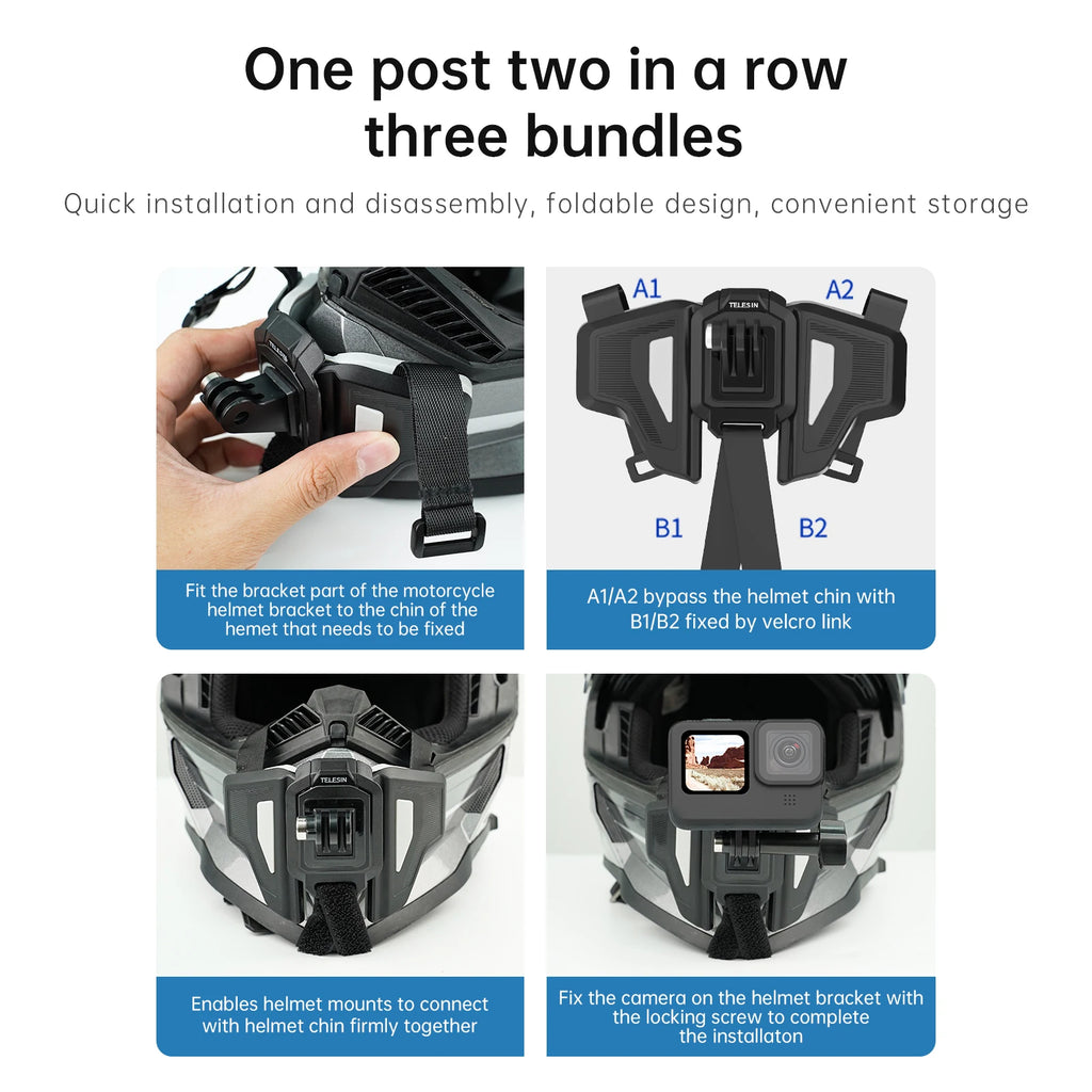 TELESIN Motorcycle Helmet Mount Strap Flodable Front Chin Mount for GoPro 13 12 11 10 9 DJI Osmo Action3 Insta360 Accessories