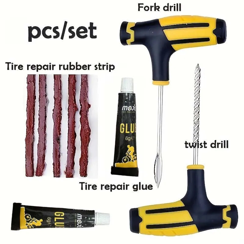 Portable Car Tire Puncture Repair Kit T-Handle Tools Glue Strips Universal for Truck Motorcycle RV Roadside Safety