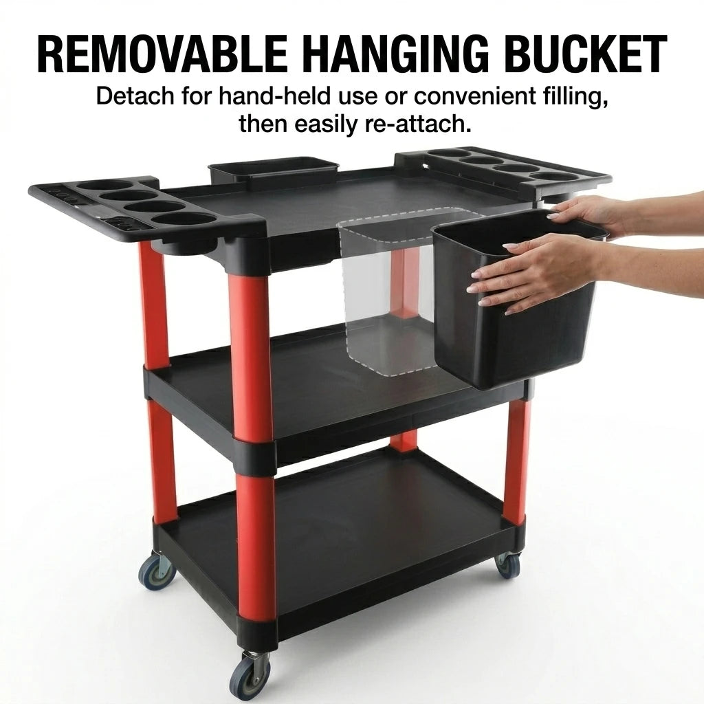 3 Tier Rolling Tool Storage Cart Multi Purpose Mobile Utility Organizer Trolley with Side Bottle Holders Detachable Bucket 360° Swivel Wheels for Car Detailing Garage Workshop Salon Use