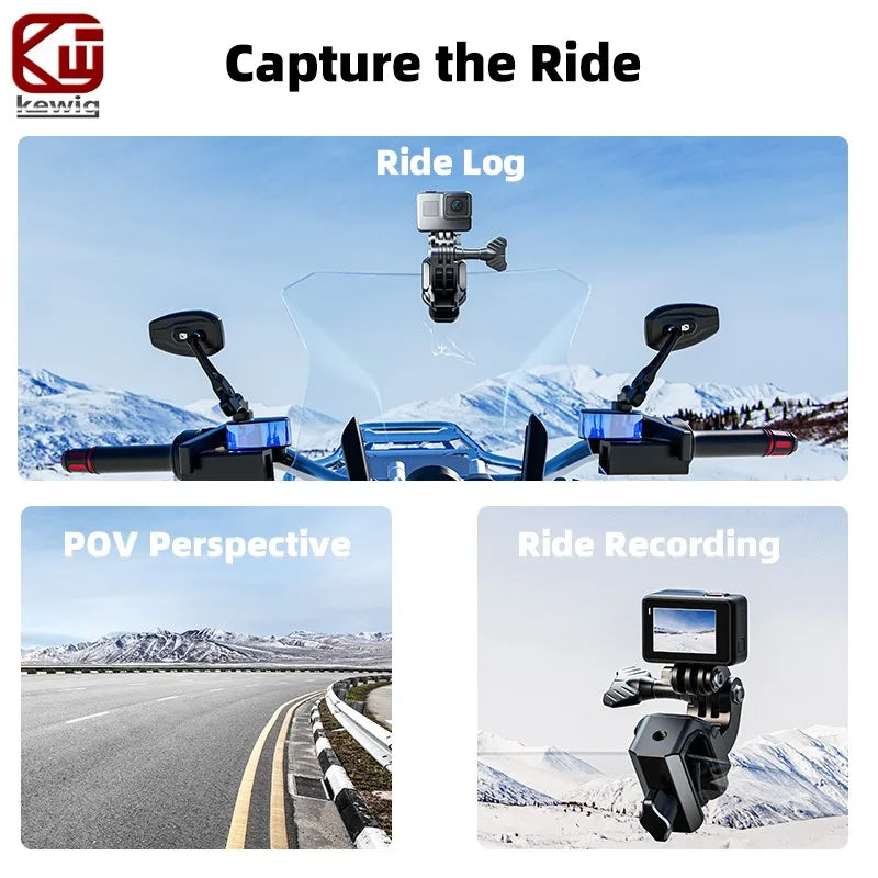 Kewig Motorcycle Windshield Camera Mount 6061 Aluminum Anti-Rust Anti-slip 180° Rotation for GoPro DJI Insta360 Action Camera