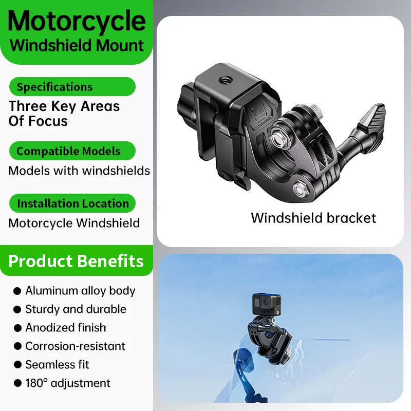 Kewig X2 Motorcycle Windshield Camera Mount Anti-Slip 180° Rotatable Aluminum Alloy Holder for GoPro DJI Insta360 Action Camera
