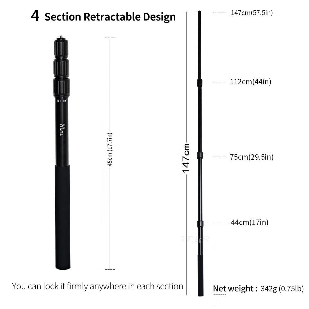 TUYU 56inch Premium Telescopic Adjustable Photography Aluminum Alloy Selfie Stick for Insta360 X3 GoPro 12 11 Motorcycle Camera
