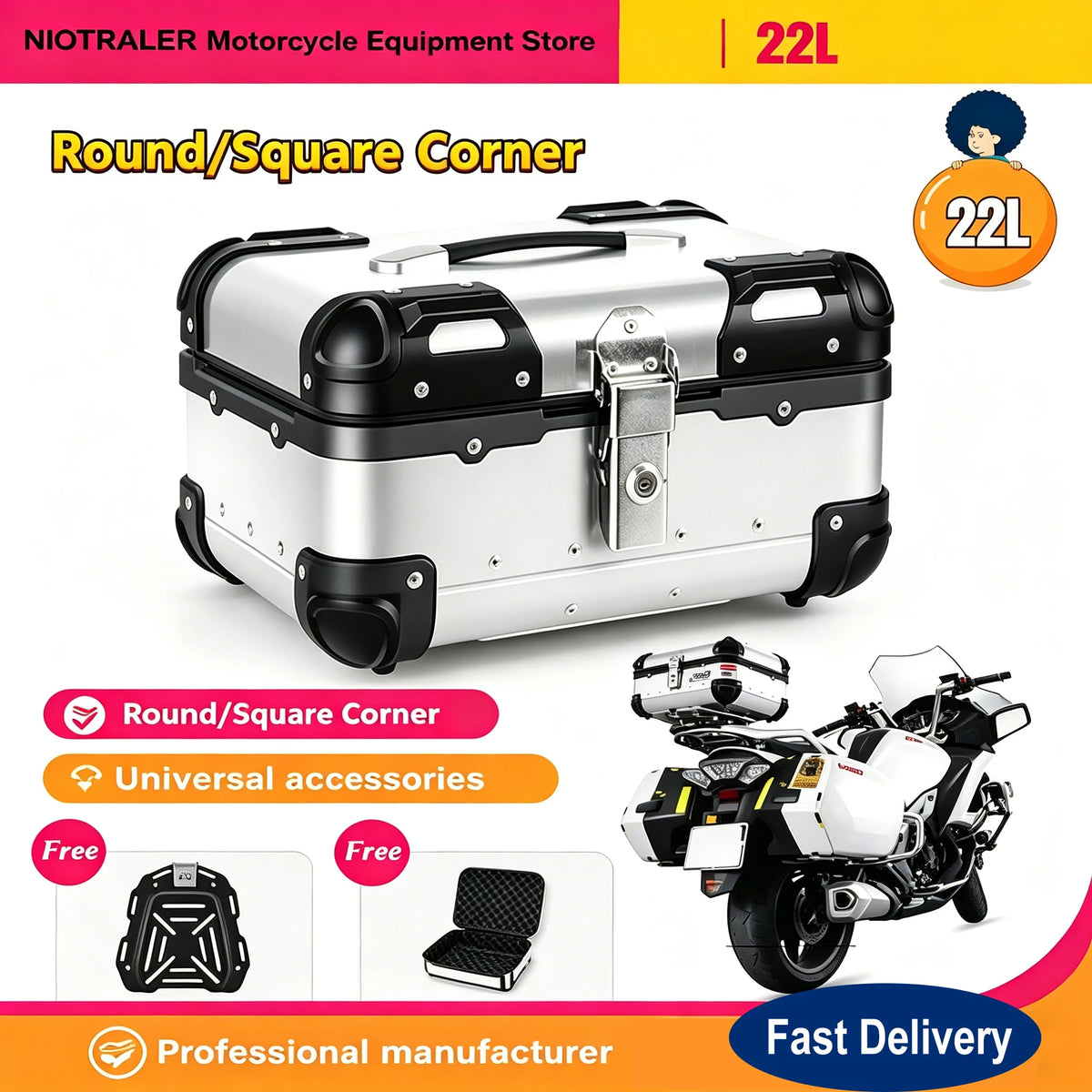22L Motorcycle Universal Rear Top Case Moto Luggage Storage Tail Box Waterproof Motorcycle Trunk Key Lock Tool box Aluminum