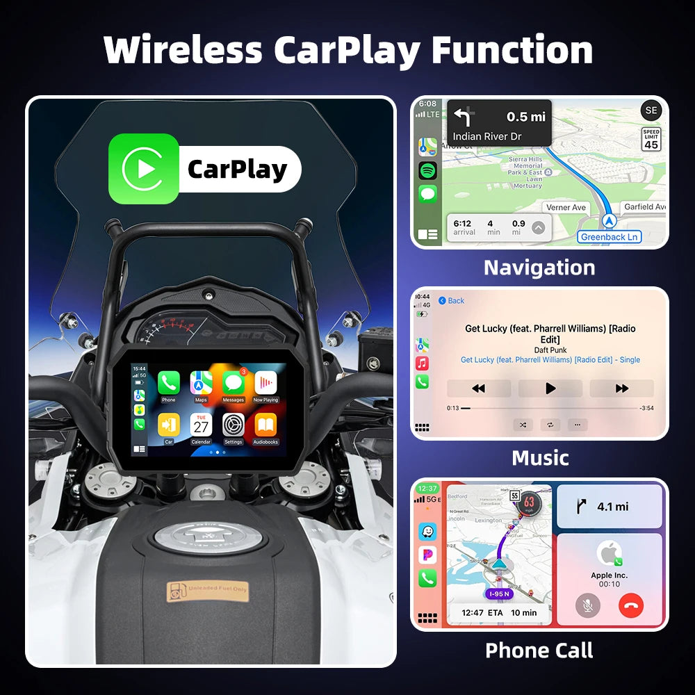 EKIY 5.0" Wireless CarPlay Moto Android Auto Portable Digital Dashboard GPS Motorcycle Navigation Display Screen TPMS Dashcam