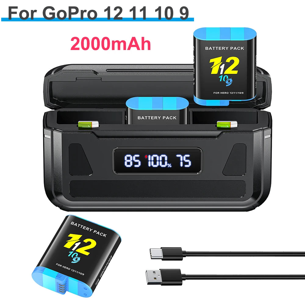 2000mAh for GoPro Hero 12 11 10 9 Battery  + 3-Slot LCD USB Fast Charger for Go Pro 10 9 Black Camera Bateria for Go Pro 12 10 9