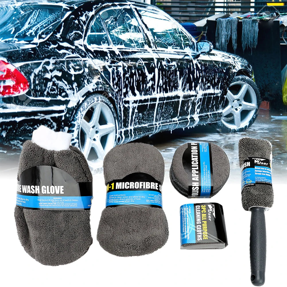 9pcs Set Wash Gloves Brush Sponge Mat Towels Mop Polisher Pads Duster Cloth Motorcycle Washer Car Seat Wheel Door Tire Cleaning
