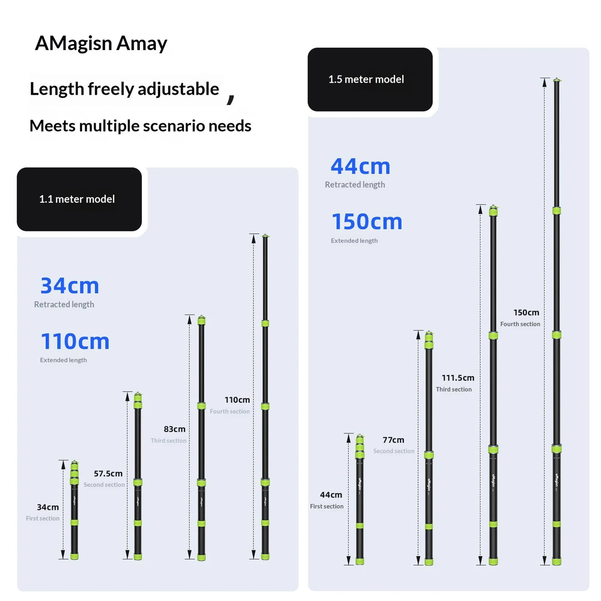 AMagisn Motorcycle Selfie Stick 110cm 150cm Telescopic Extension Pole for GoPro Insta360 DJI Action Camera Cycling Mount