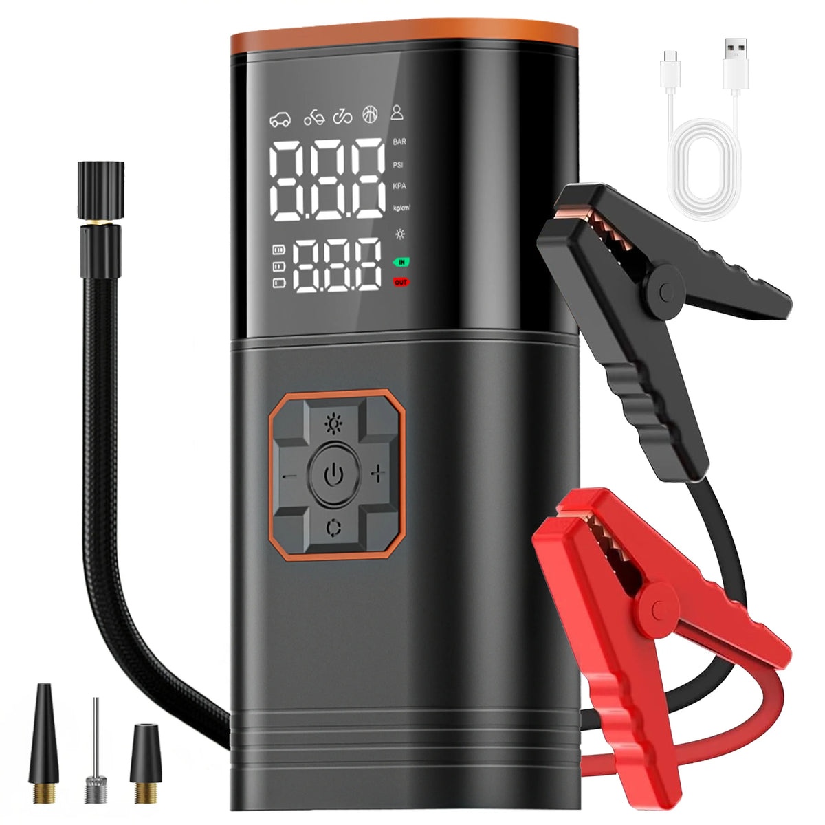 Digital Display Portable Tire Inzzator, USB Rechargeable Air Compressor for Car Bike Motorcycle Tires, Balls, Inflatable Toys