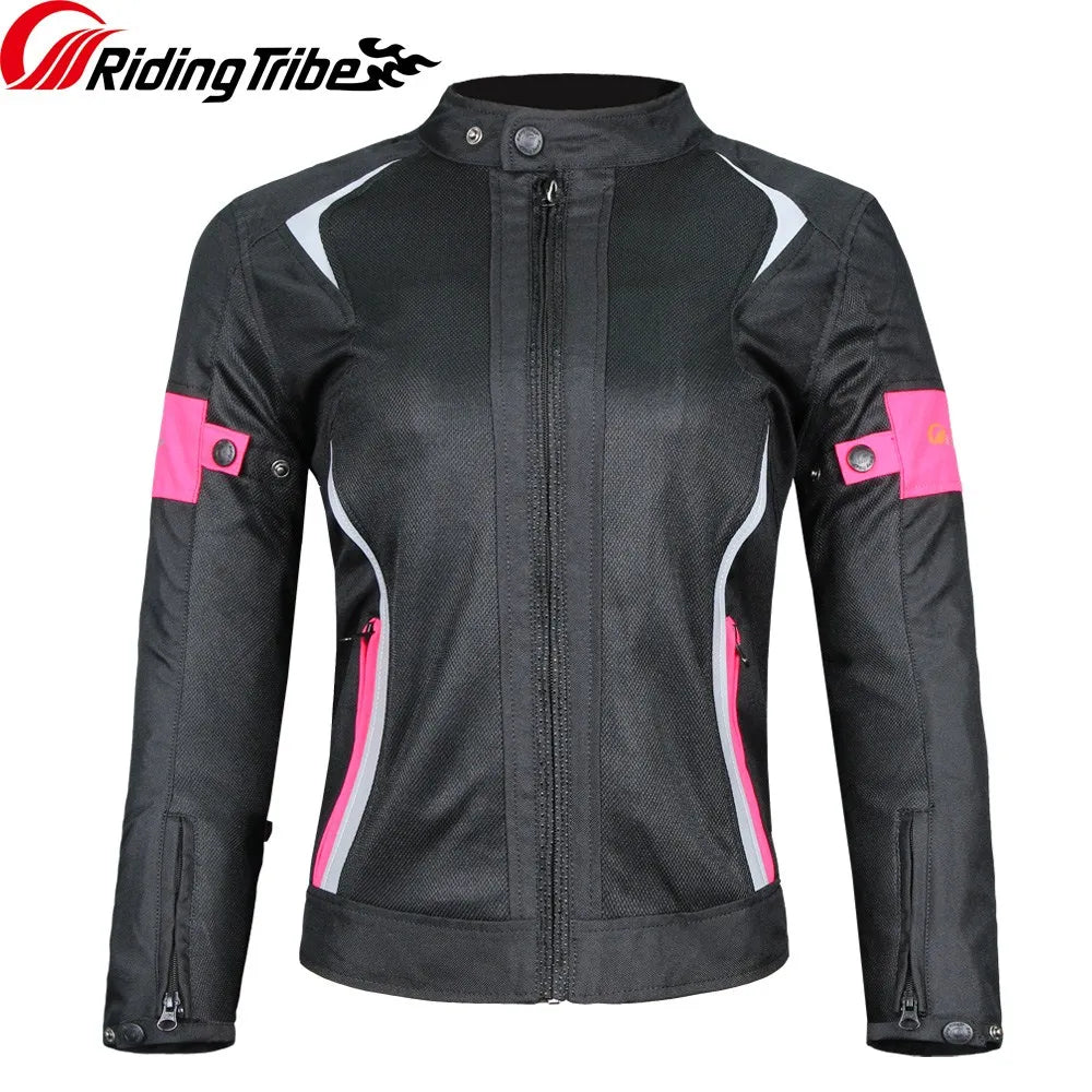 Woman Motorcycle Jacket Summer Breathable Motorbike Riding Armor Coat with 5pcs Protective Pads and Waterproof Liner JK-52