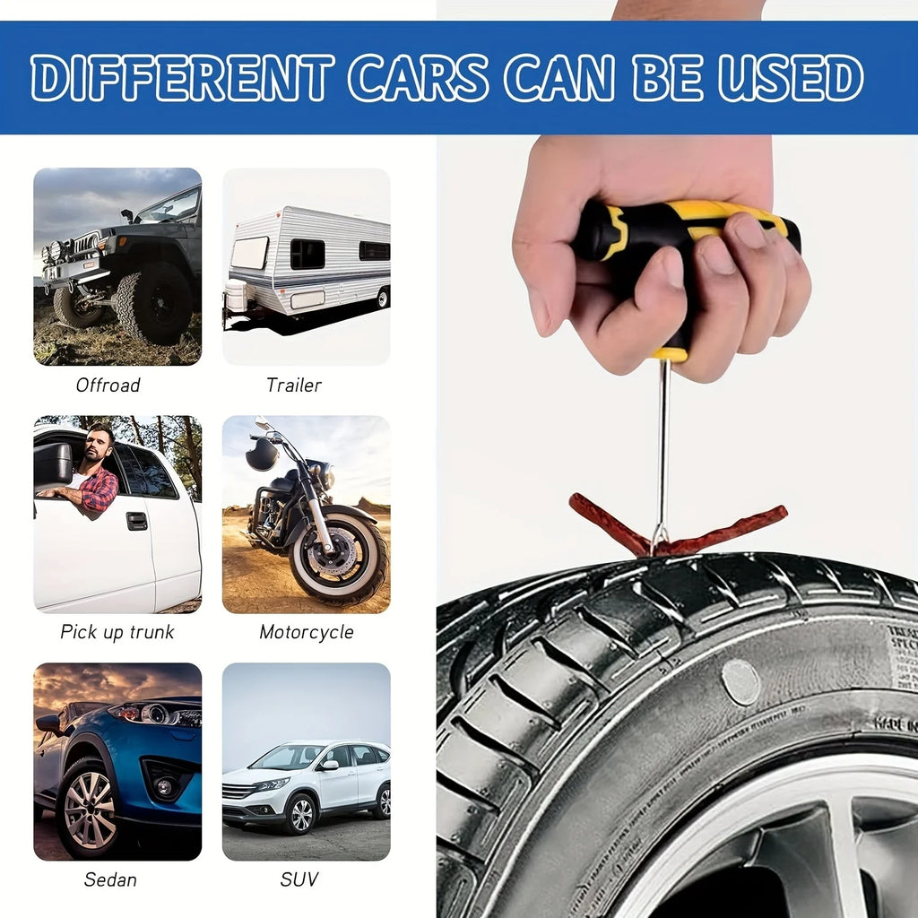 Portable Car Tire Puncture Repair Kit T-Handle Tools Glue Strips Universal for Truck Motorcycle RV Roadside Safety