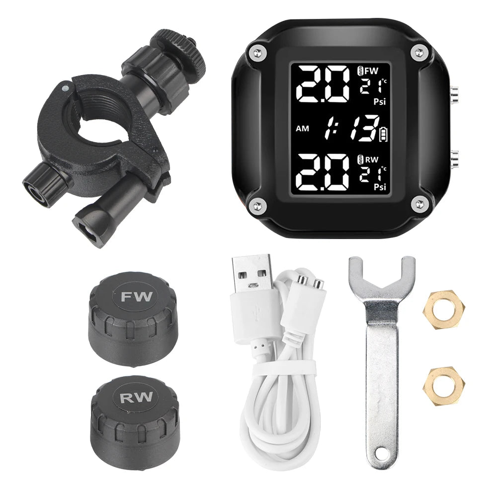 Motorcycle TPMS Sensor LCD Display Motor Tire Pressure Temperature  Monitoring Alarm System With 2 External Sensors USB Charging