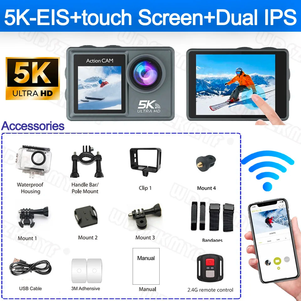 5K Action Camera 5K 60FPS 6-Axis Touch Screen Stabilization Pocket Sports Camera Waterproof Bodycam For Motorcycle/Cycling Vlog