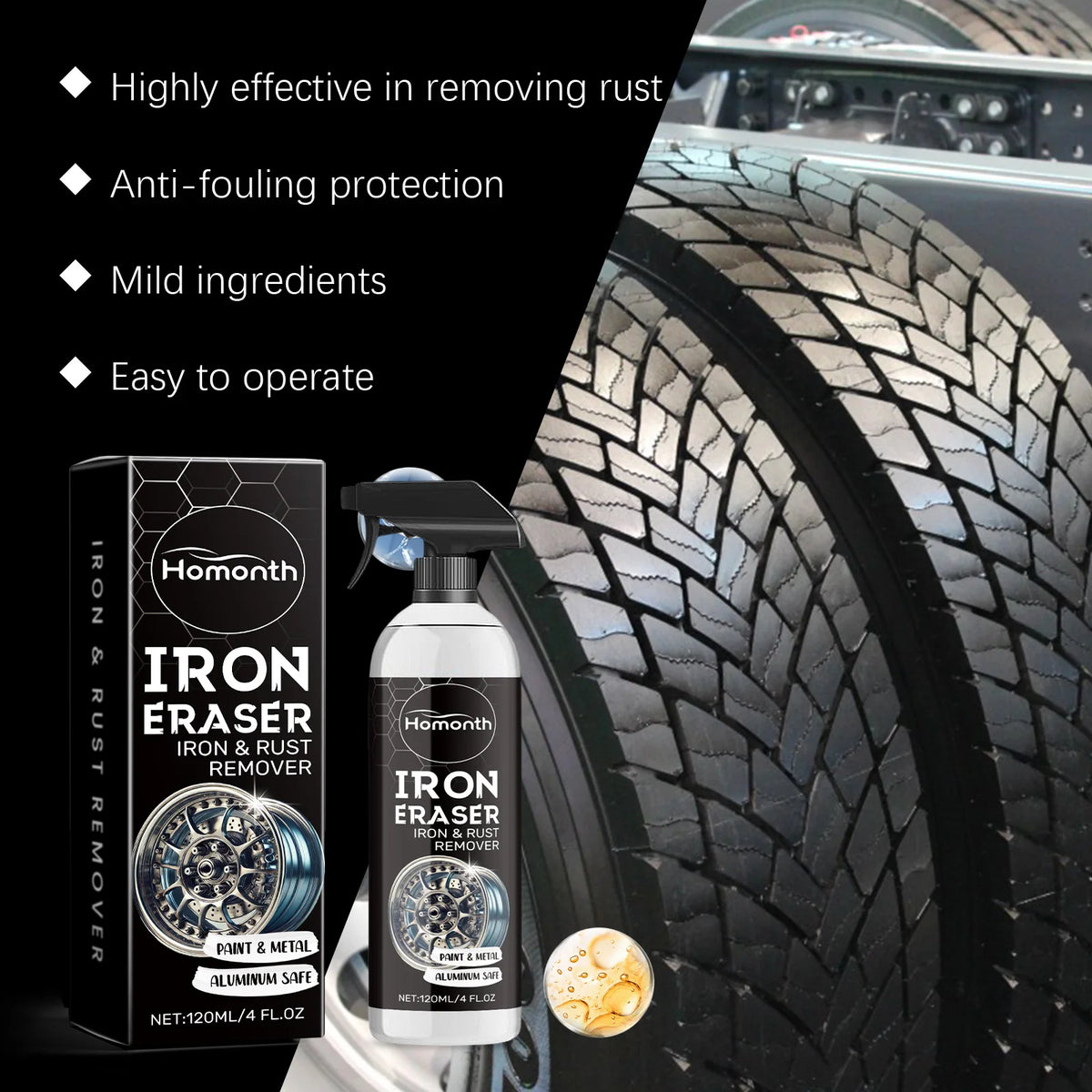 Car Rust Remover Spray Fast Acting Clean Alloy Rim Tire Stains Remove Rust Dirt Restore Original Shine Car Detail Polish Cleaner
