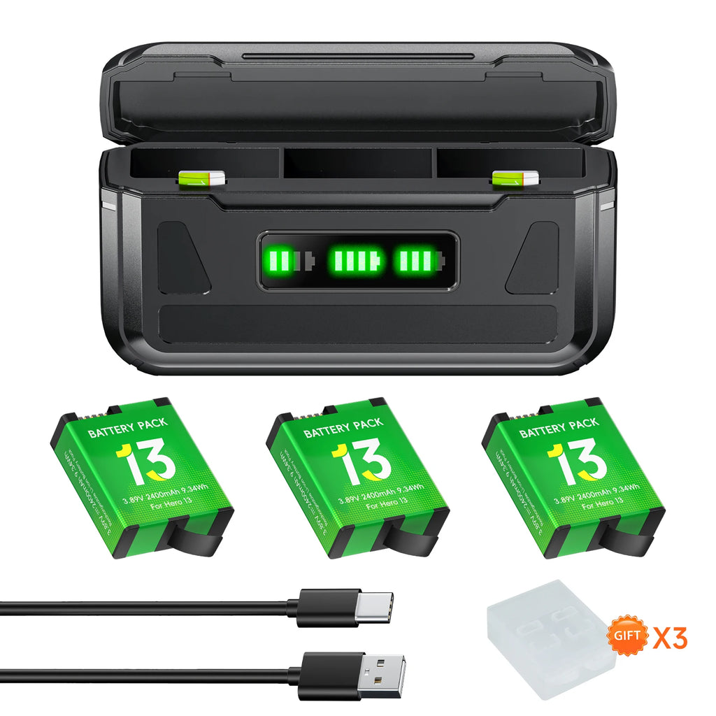 PALO 2400mAh For GoPro Hero 13 Camera Battery + 3 Slots Storage Box Charger For GoPro Mission 1 Series Sport Camera Accessories