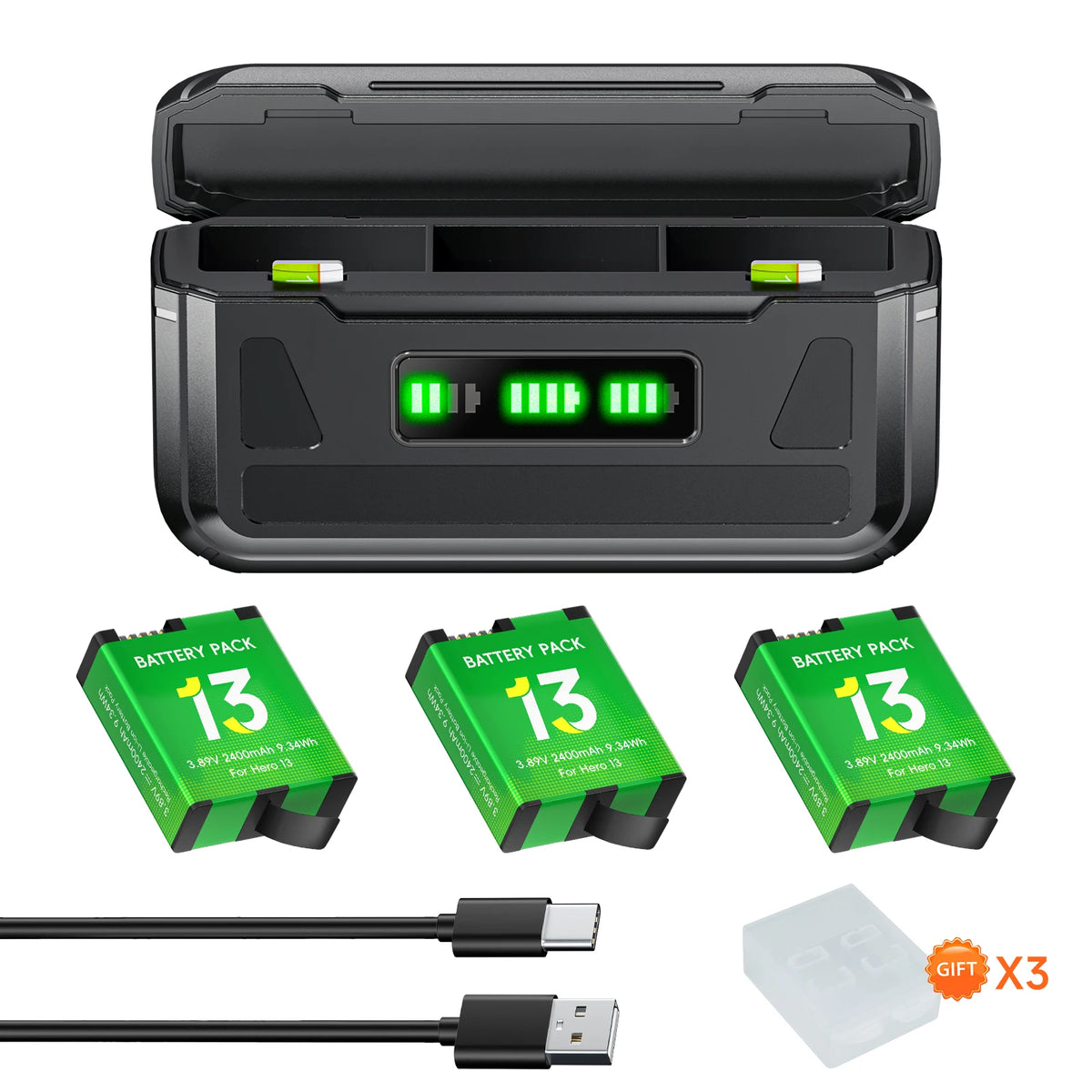 PALO 2400mAh For GoPro Hero 13 Camera Battery + 3 Slots Storage Box Charger For GoPro Mission 1 Series Sport Camera Accessories