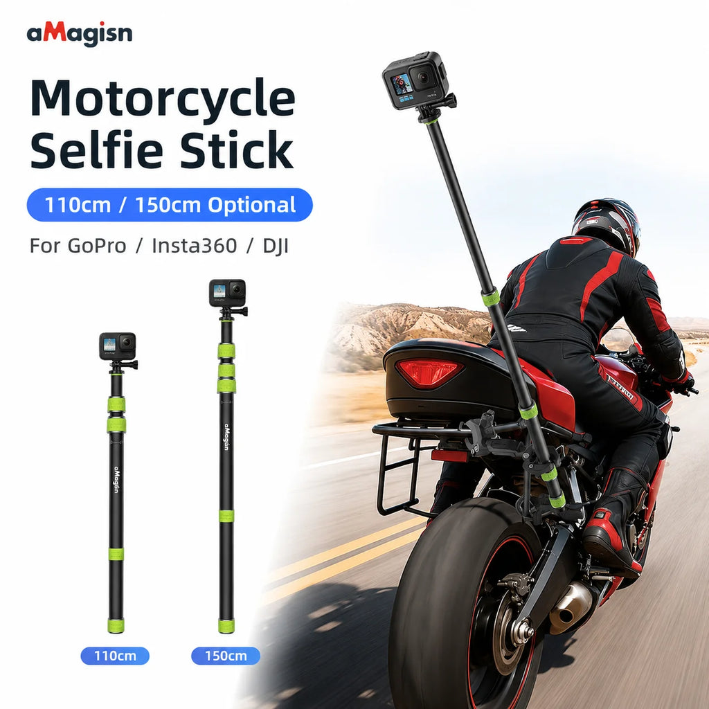AMagisn Motorcycle Selfie Stick 110cm 150cm Telescopic Extension Pole for GoPro Insta360 DJI Action Camera Cycling Mount