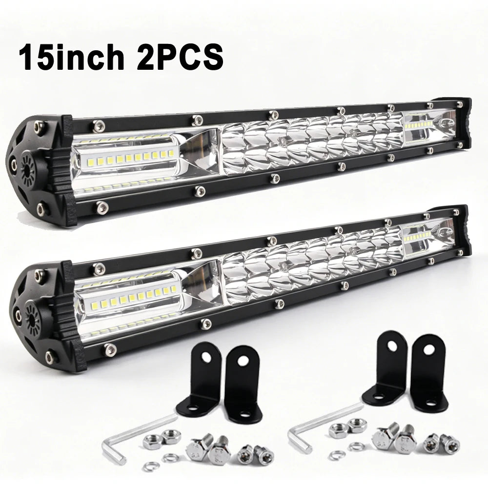 15-inch LED light bar, bright light, comes with multiple LED bulbs and a mounting bracket, black finish, mainly used for off-road vehicles, trucks, ATVs, UTVs, boats, and tractors