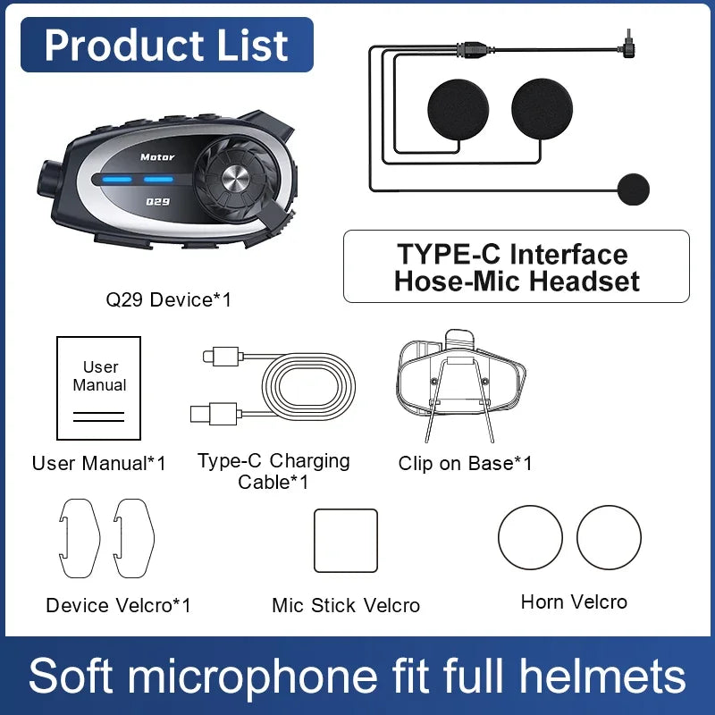 Q29 Motorcycle Helmet Headset Recorder 1080P HD Wireless Communicator Moto Dash Camera Wide-angle Waterproof WiFi Video Recorder
