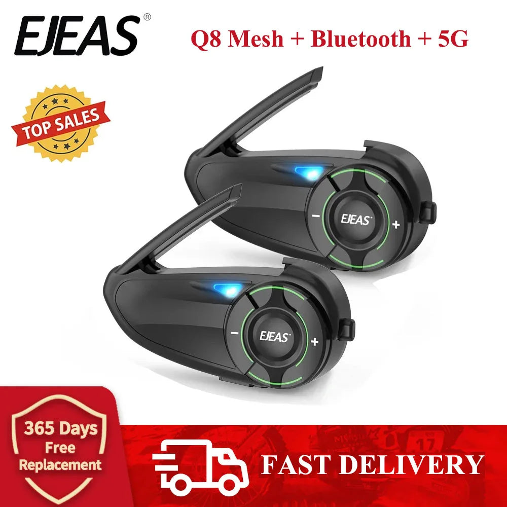 EJEAS Q8 Motorcycle Mesh Intercom with EUC Remote Walkie Talkie Bluetooth Interphone Headset for 6 Riders with Bluetooth 5.1