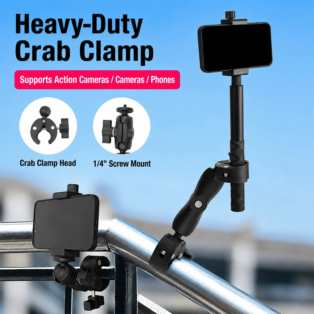 Dual‑Head Super Clamp Motorcycle Mount Selfie Stick Kit for Insta360 X5 X4 X3 X2 GoPro DJI Action Sports Camera Riding Bracket