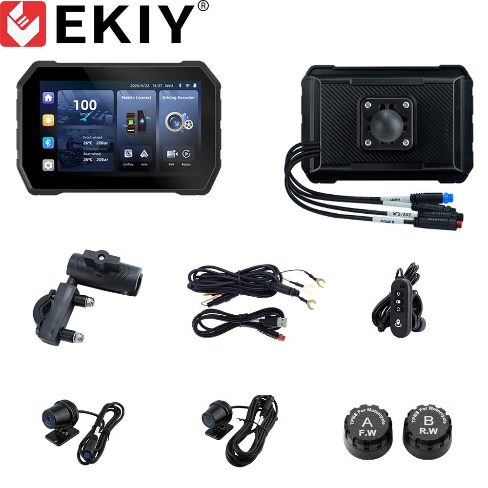EKIY 5.0" Wireless CarPlay Moto Android Auto Portable Digital Dashboard GPS Motorcycle Navigation Display Screen TPMS Dashcam