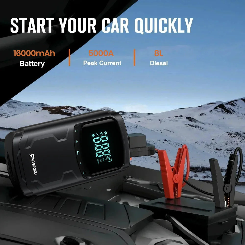 Car Jump Starter with Air Compressor Peak 5000A Auto Battery Booster 150PSI Air Pump Portable Power Bank Tire Inflator Lighting