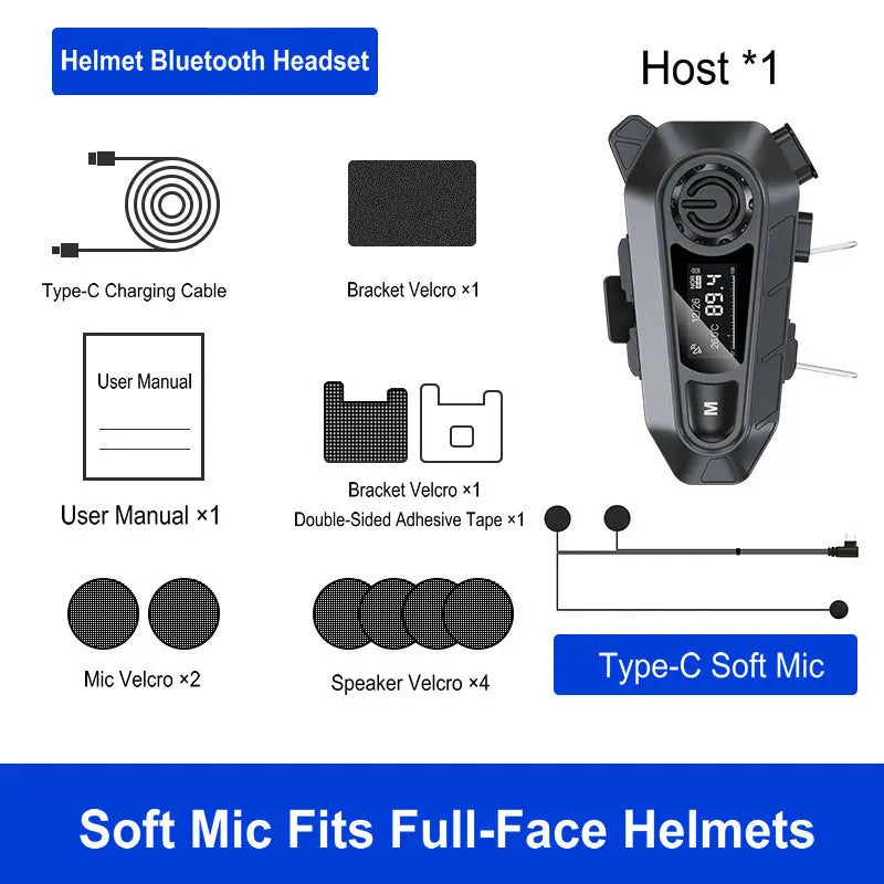 A1 Bluetooth 5.3 Motorcycle Helmet Headset With FM Radio Wireless Handfree Call Waterproof Moto Headphone LED Display For Rider