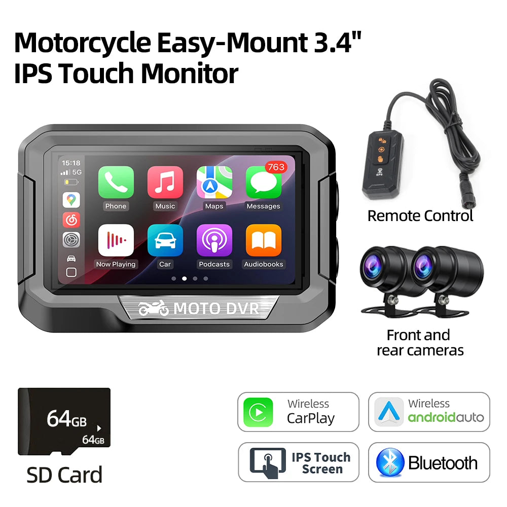 Portable 3.4 inch Motorcycle GPS Navigation Wireless Carplay Android Auto DVR Drive Recorder Moto Monitor WIFI IP67 Waterproof