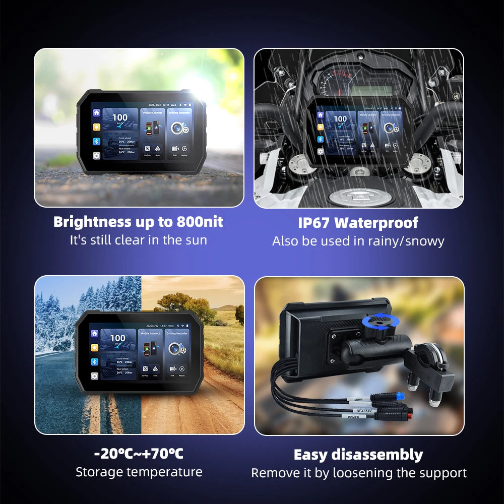 EKIY 5.0" Wireless CarPlay Moto Android Auto Portable Digital Dashboard GPS Motorcycle Navigation Display Screen TPMS Dashcam