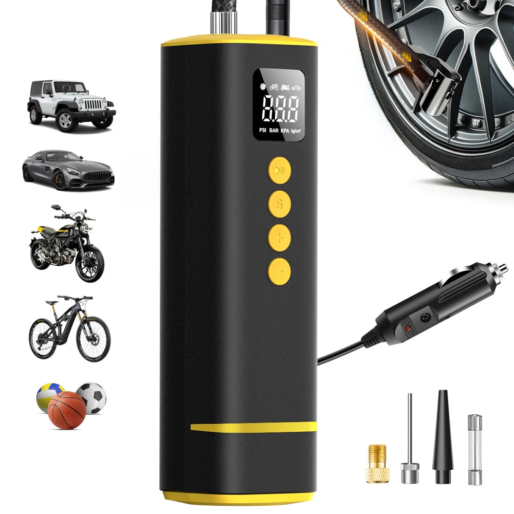 CARSUN 12V Wired Mini Portable Air Compressor 150PSI Digital Tire Inflator Smart LED Auto Shut-off CE for Car E-Bike Moto Balls