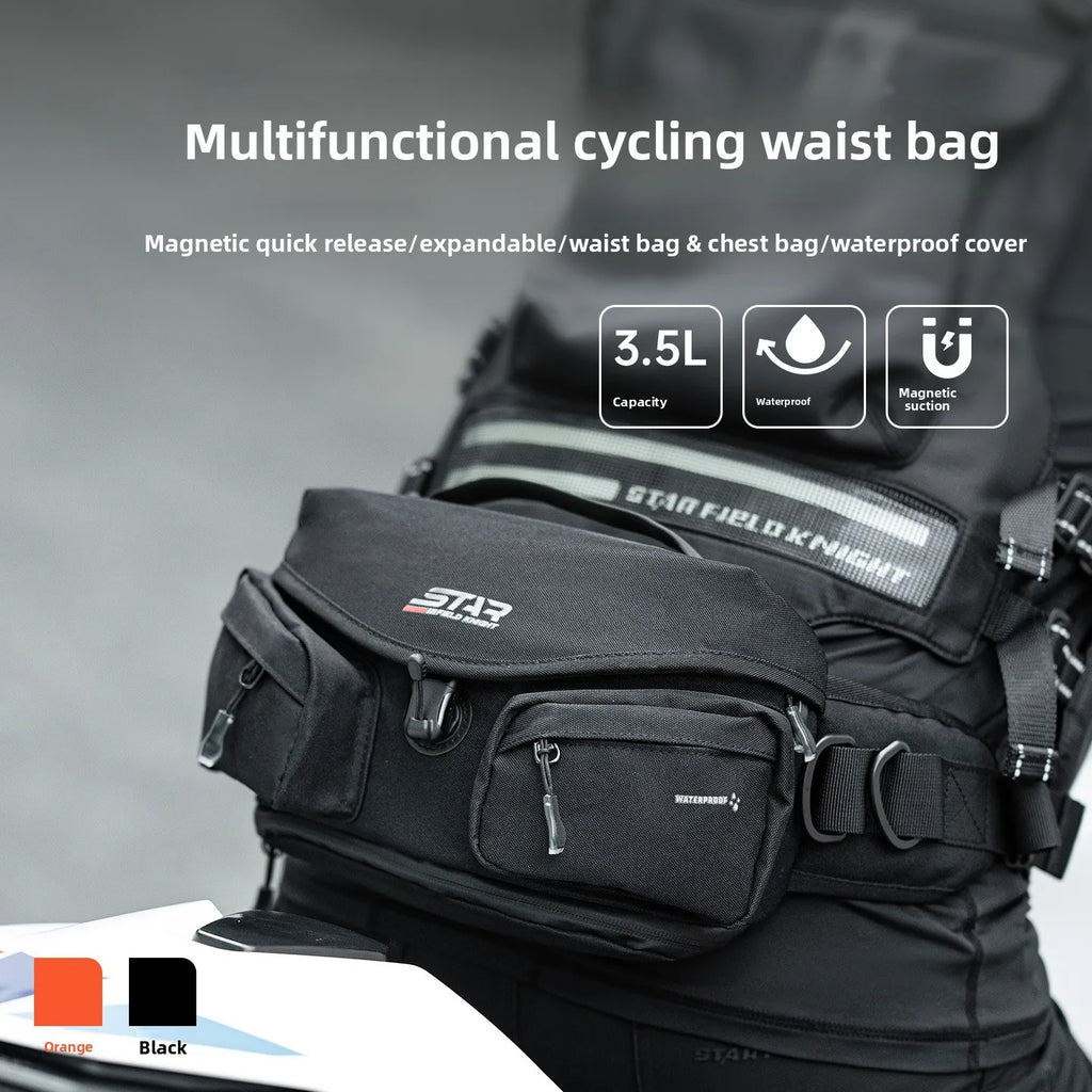 STAR FIELD KNIGHT Motorcycle Riding Waist Bag Magnetic Buckle Expandable Multi-Pocket Crossbody Pack for Outdoor Travel