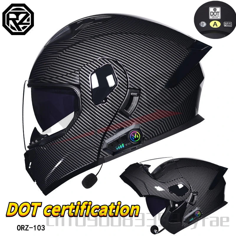 ORZ Motorcycle Dual-Lens Helmet for Men Women Bluetooth Full Helmet All Seasons Flip Helmet with Tail Wing DOT Certification